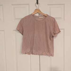Mango Dusty Rose Short Sleeve Top with Lace Detail